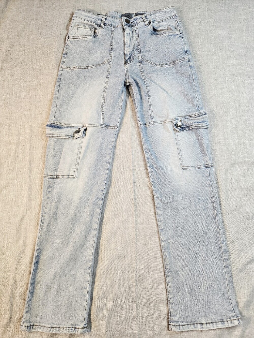 L Black Mens Size 32x32 Light Wash Cargo Denim Jeans Relaxed Fit Stretch Y2K